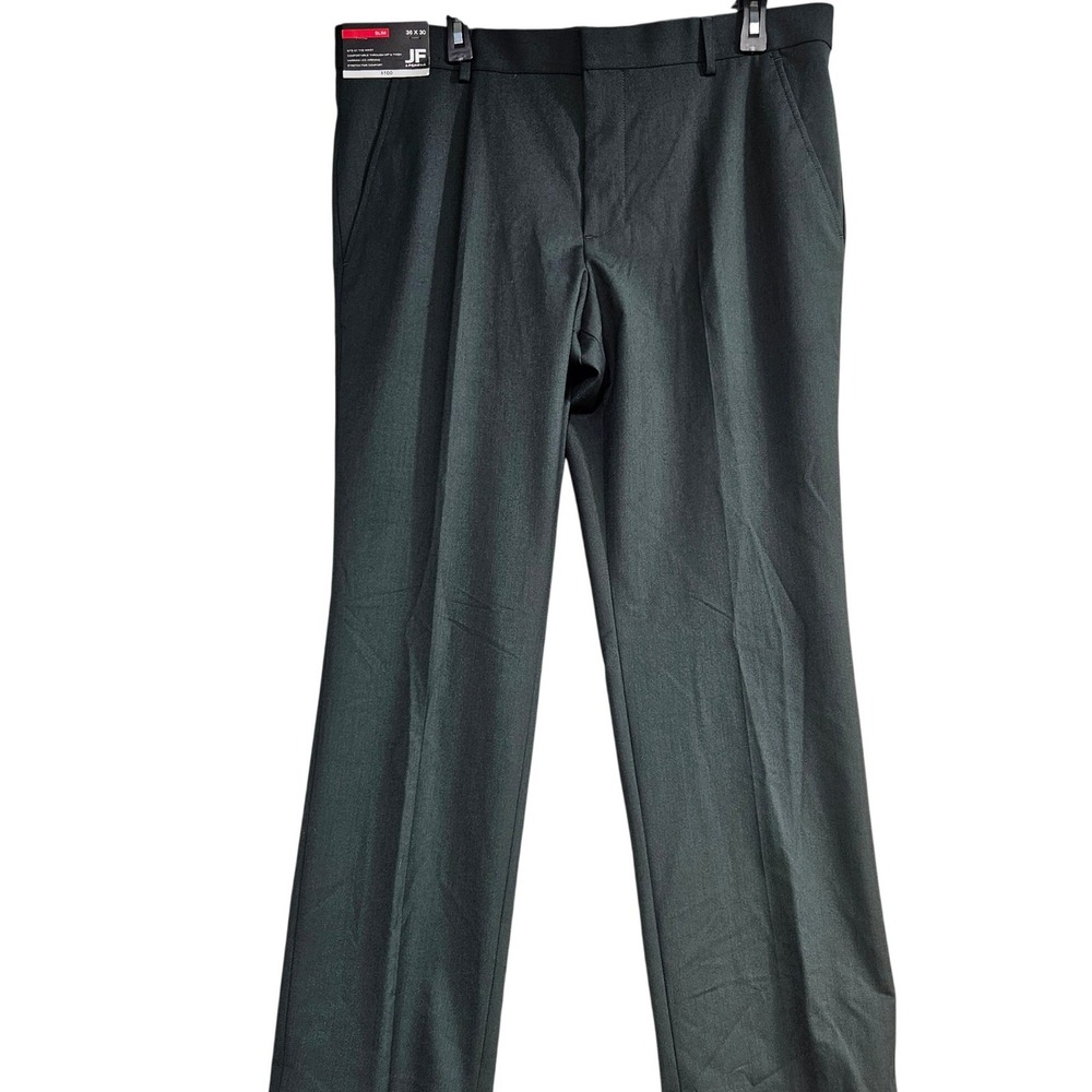 J Ferrar Mens Slim Fit Dress Pants 36x30 Dark Green Flat Front Stretch New $100